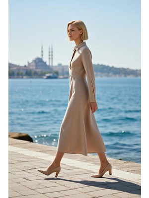 Benerly Kadın Maxi Elbise Yaka Uzun Kol Dokuma Kumaş Düz Desen Çapraz Kemerli Astarsız Rahat Kalıp