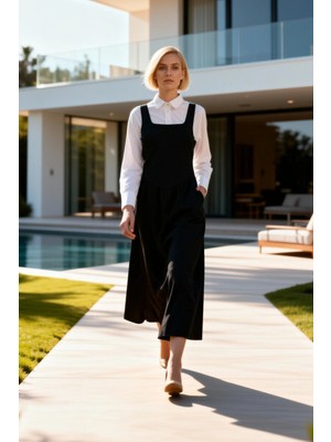 Benerly Kadın Elbise Maxi Jile Kare Yaka Kolsuz Skater Kalıp Düz Desen Dokuma Gabardin Rahat