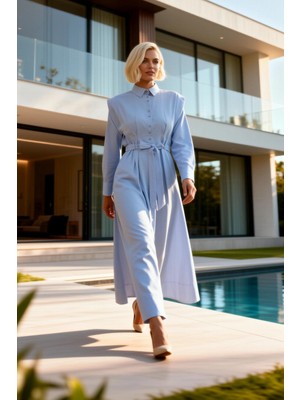 Benerly Kadın Maxi Elbise Yaka Uzun Kol Omuz Kat Detaylı Düz Dokuma Kumaş Terrycotton Astarsız Rahat