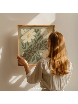 Ninastore Adaçayı Yeşili Papatyalar Baskılı Duvar Sanatı - Kare Çiçekli Botanik Sanat / Sevimli Çiftlik Evi ve