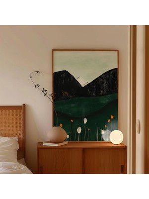 Ninastore Minimalist Dağ Manzarası Baskısı: Koyu Yeşil Vadi/kır Çiçeği Dekorasyonu (Dijital Indirme)
