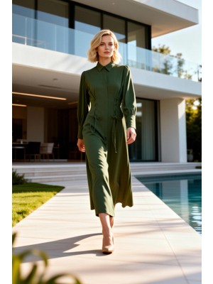 Benerly Kadın Maxi Elbise Yaka Uzun Kol Manşetli Jessica Dokuma Kumaş A Kesim Düz Astarsız Şık