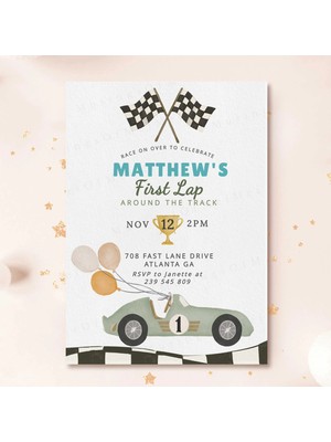 Ninastore Yarış Arabası Temalı Erkek Bebek Birinci Yaş Günü Davetiyesi Düzenlenebilir Şablon / Erkek Çocuk Ilk