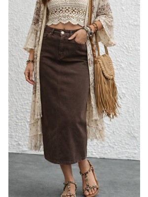 Dema Kadın Pamuklu Kahverengi Denim Etek