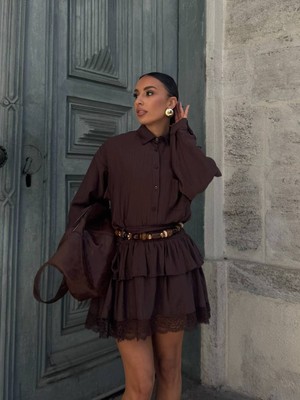 LB Laluna Butik Kadın Gömlek ve Dantel Detaylı Fırfırlı Etek
