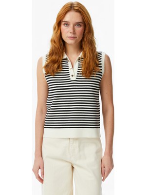 Nautica Kadın Krem Regular Fit Kolsuz Çizgili Polo Yaka T-Shirt 65K508T.1MA