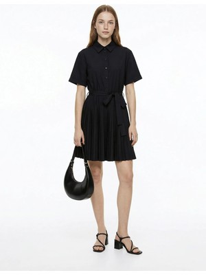 Fabrika Gömlek Yaka Düz Siyah Diz Üstü Kadın Elbise F6SL-ELB0153