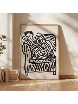 Ninastore Minimalist Kedi ve Kadın Çizim Sanatı Baskısı: Modern Ev Dekorasyonu (Dijital Indirme)