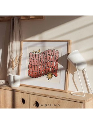 Ninastore Retro Dalgalı Tipografi Baskılı Noel Posteri/ Dijital Yatay Noel Sanat Baskısı | 0850