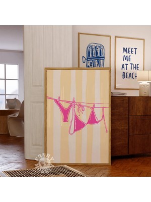 Ninastore Yazlık Bikini Dijital Baskı/ Pembe Sarı Plaj Temalı Duvar Sanatı/ Çamaşır Ipinde Bikini/ Sahil Estet