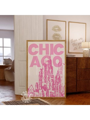 Ninastore Chicago Poster Baskısı/ Pembe Şehir Duvar Sanatı/ Trendi Seyahat Posteri/ Retro Şık Dijital Baskı/ Ö