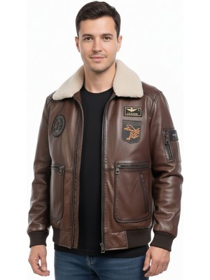 Deriderim Aviator 32 Kahverengi Hakiki Deri Yamalı Erkek Bomber Mont