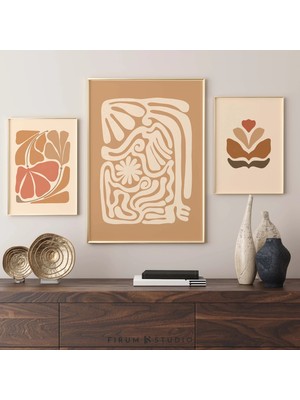 Ninastore Sıcak Toprak Tonlarında Soyut Botanik Baskılı Duvar Sanatı 3'lü Seti – Terracotta Boho Orta Çağ Tarz