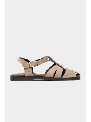 Nişantaşı Shoes Bird Rome Bej Süet Hakiki Deri Toka Detay Düz Taban Kadın Sandalet