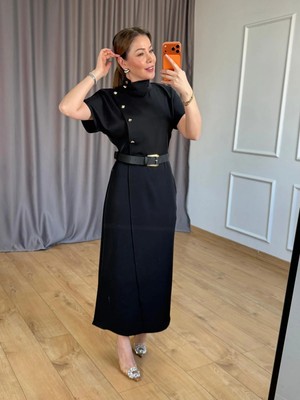 Size Özgü Siyah Mini Dik Yakalı Düğme Detay Elbise