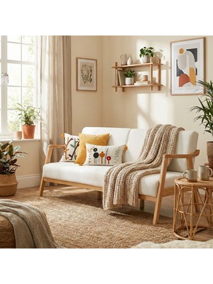 Favela Bohem Üçlü Berjer Natürel Ahşap, Kırık Beyaz