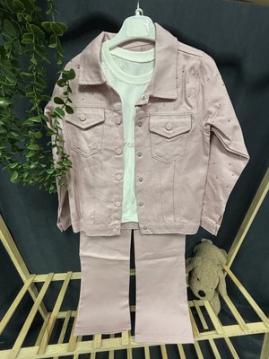 Nurcan Bebe Taşlı Gabardin Kot  3 Lü Takım(9-10-11-12 Yaş)