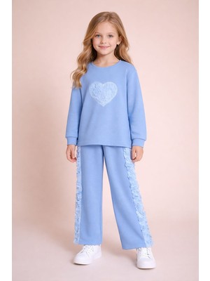 Cansın Mini Mavi Gül Detaylı Geniş Paça Pantolonlu Kız Çocuk Badili 2li Takım 23731