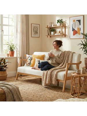 Sevilla Bohem Üçlü Kanepe Natürel Ahşap, Kırık Beyaz