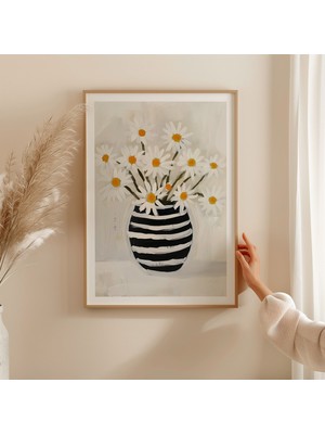 Ninastore Vazoda Papatyalar Sanat Baskısı: Bej Siyah Çiçek Illüstrasyonu (Dijital Indirme)