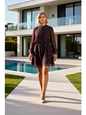 Benerly Kadın Büyük Beden Mini Elbise Dik Yaka Uzun Kol Çiçek Desenli Şifon Dokuma A Kesim Kat