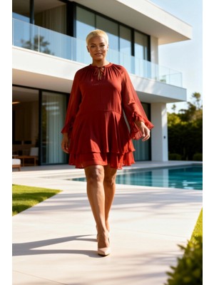 Benerly Kadın Büyük Beden Mini Elbise Bağcıklı Yuvarlak Yaka Uzun Kol Volanlı Şifon Dokuma A Kesim