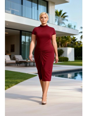 Benerly Kadın Büyük Beden Boy Elbise Dik Yaka Kısa Kol Örme Düz Desen Düğüm Detaylı Rahat Kesim Shift Kalıp