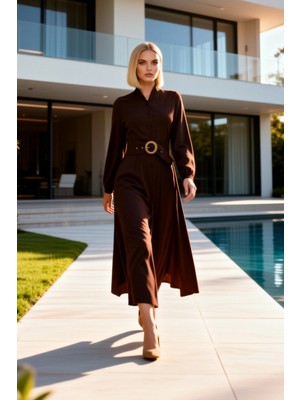 Benerly Kadın Maxi Elbise Yaka Uzun Kol Dokuma Görünümlü Skater Kesim Düz Desen Astarsız Günlük