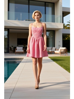 Benerly Kadın Elbisesi Plaj Havuz Yaka Kolsuz Askılı Dokuma Gofre Ekose Kareli Skater Kesim Mini Boy