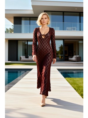 Benerly Kadın Maxi Elbise V Yaka Uzun Kol Örgü Desenli Aksesuar Detaylı Kalıp Astarsız Örme Kumaş