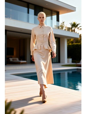 Benerly Kadın Midi Elbise Yaka Uzun Kol Peplum Kemer Detaylı Dokuma Kumaş Düz Desenli Casual