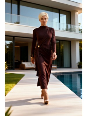 Benerly Kadın Maxi Elbise Kalıp Balıkçı Yaka Uzun Kol Örme Sandy Düz Astarsız Toka Detaylı