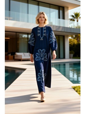 Benerly Kadın Elbise Gömlek Tesettür Yaka Balon Kol Uzun Dokuma Nakışlı Maxi Boy A Line Kalıp Astarsız