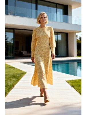 Benerly Kadın Maxi Elbise A Line Kalıp Bisiklet Yaka Uzun Balon Kol Çiçek Desenli Dokuma Kumaş Astarlı