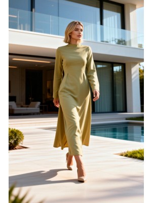 Benerly Kadın Elbise Maxi Skater Bisiklet Yaka Uzun Kol Dokuma Kumaş Dokulu Astarsız Düz Desen