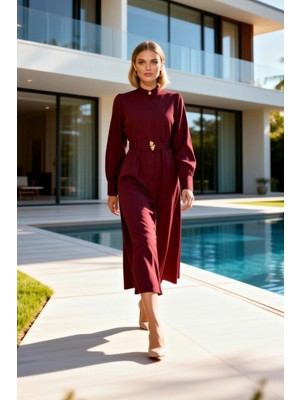 Benerly Kadın Maxi Elbise Dik Yaka Uzun Kol Dokuma Kumaş Skater Kalıp Düz Desen Kuşak Detaylı Spor