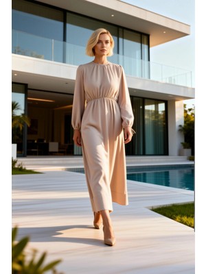 Benerly Kadın Maxi Elbise Bisiklet Yaka Uzun Kol Lastik Manşetli Beli Lastikli A Kesim Düz Dokuma