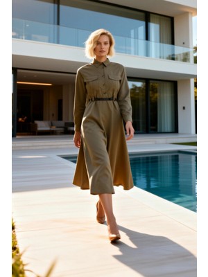 Benerly Kadın Gömlek Etek Maxi Elbise Yaka Uzun Kol Balon Dokuma Kumaş Düz Desen Skater Kalıp Astarsız