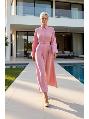 Benerly Kadın Maxi Elbise A Kesim Yaka Uzun Kol Dokuma Düz Desen Astarsız Fonksiyonel Rahat