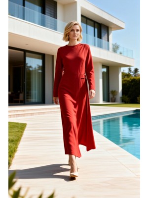 Benerly Kadın Maxi Elbise Bisiklet Yaka Uzun Kol Astarsız Düz Örme Krep Kemer Detaylı A Kesim Spor