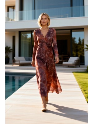 Benerly Kadın Maxi Elbise V Yaka Uzun Kol Astarlı Örme Tül Soyut Desenli Full Fermuar Kapama Shift Kalıp