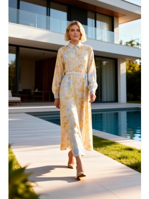 Benerly Kadın Maxi Gömlek Yaka Reglan Kol Dokuma Çiçekli Astarlı Uzun Boy Günlük Kullanım Için Ideal