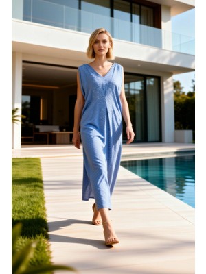 Benerly Kadın Maxi Elbise A Kesim V Yaka Kolsuz Jakar Desenli Dokuma Astarsız Dökümlü Kumaş Rahat Kalıp