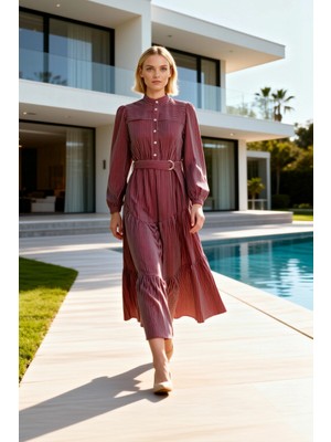 Benerly Kadın Maxi Elbise Dik Yaka Balon Kol Uzun Dokuma Terrycotton Astarsız Çizgili Desenli Günlük