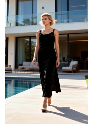 Benerly Kadın Maxi Elbise Degaje Yaka Kolsuz Ince Askılı Örme Kadife Kalıp Astarsız Aksesuar Detaylı