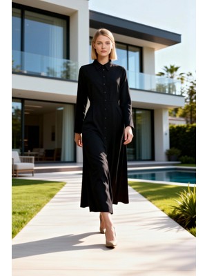 Benerly Kadın Maxi Elbise Gömlek Yaka Balon Kol Uzun A Kesim Dokuma Terryviskon Astarsız Düz