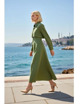 Benerly Kadın Elbise Gömlek A Line Yaka Uzun Standart Kol Maxi Boy Düz Dokuma Terrycotton Astarsız