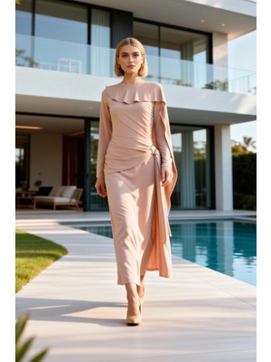 Benerly Kadın Maxi Elbise Bisiklet Yaka Uzun Kol Şal Detaylı Örme Sandy Dokuma Düz Desen Dayanıklı