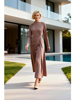 Benerly Kadın Elbise Tesettür Yüksek Yaka Uzun Kol Sandy Dokuma Düz Kesim Maxi Boy Örme Astarsız Bel Detaylı