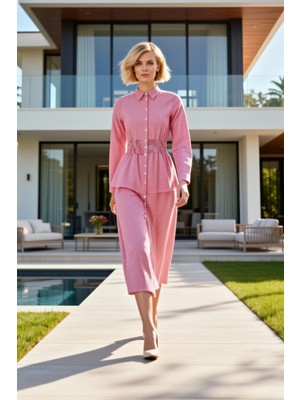 Benerly Kadın Elbise Gömlek Tesettür Ekose Kareli Yaka Uzun Kol A Kesim Maxi Boy Terrycotton Dokuma Astarsız